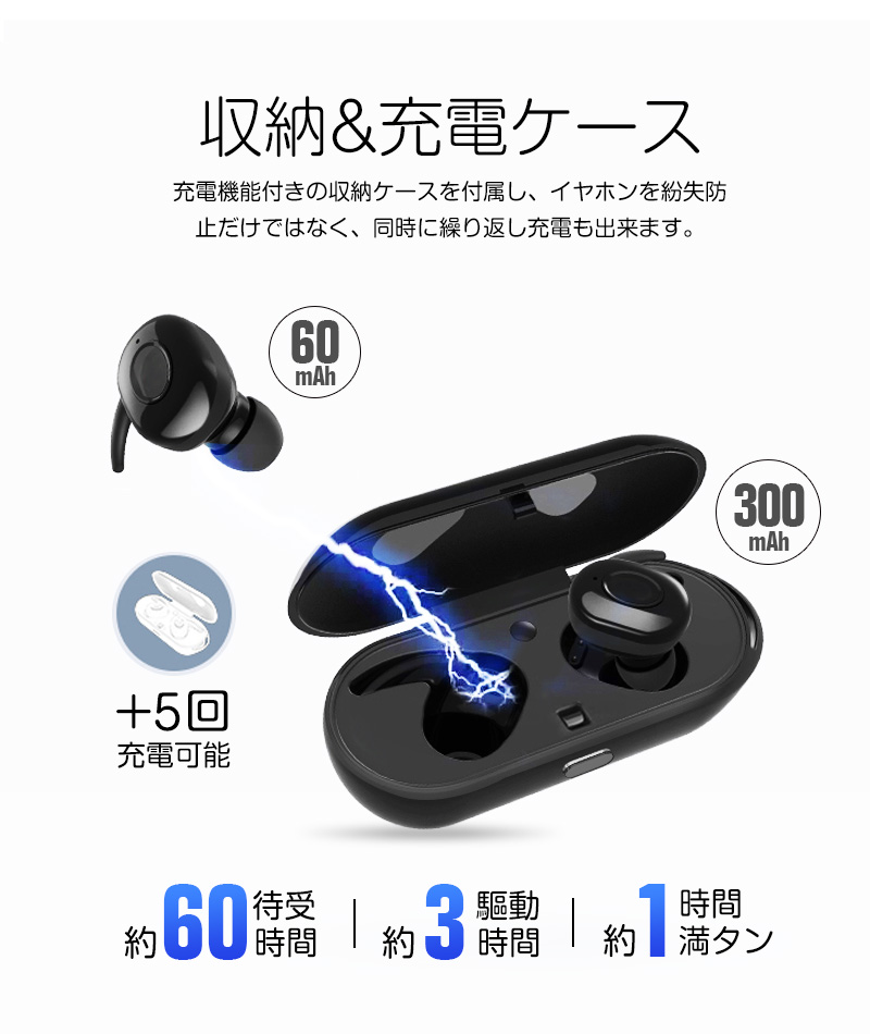 Bluetooth イヤホン ワイヤレス 左右分離型 片耳 両耳とも対応